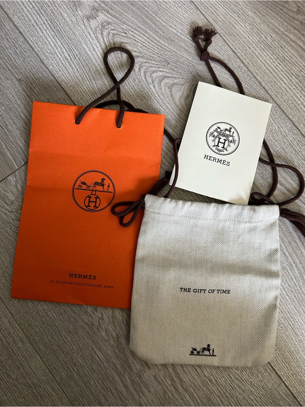 Hermes Cream and Brown Drawstring Pouch